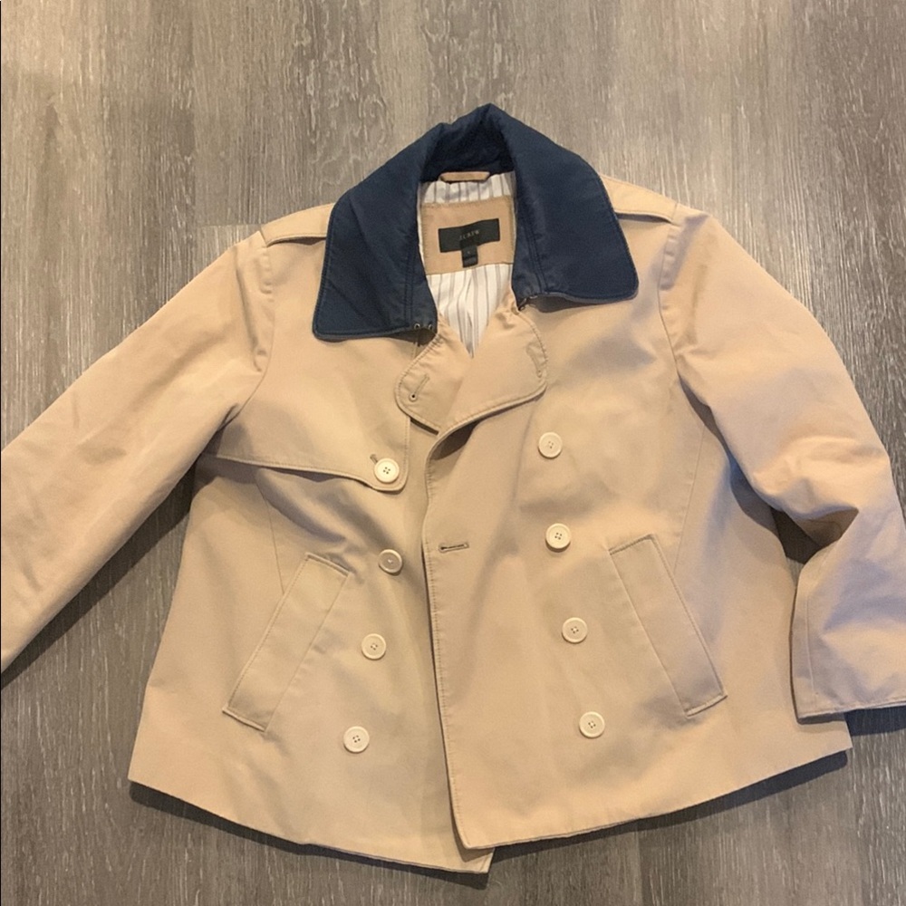 J. Crew Beige Double-Breasted Jacket with Navy Collar